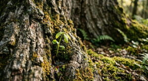 Una ilustración detallada de un antiguo tronco de árbol rugoso del que emergen dos pequeños brotes verdes tiernos. Los brotes están conectados por un haz de raíces brillantes y doradas que flotan en el aire, irradiando luz y partículas mágicas. Un sol suave se filtra a través del bosque de fondo borroso. La imagen representa la conexión, el crecimiento y el potencial de una nueva vida que emerge de una fuente sabia y establecida.